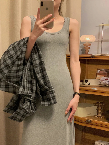 Gray Vest Dress Women's Summer 2025 New Korean Style Retro Design Long Skirt Temperament Waist-Controlled Skirt
