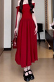 Red High Quality and Quality! French Style Bardot Dress Women's Summer Unique and Beautiful Puffy Bud Long Dress