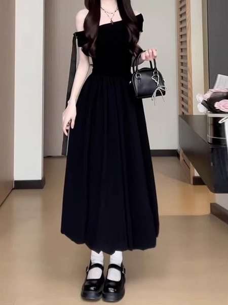 Black High Quality and Quality! French Style Bardot Dress Women's Summer Unique and Beautiful Puffy Bud Long Dress
