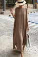 Beige South Korea Dongdaemun Solid Color Big Swing Versatile Mesh Cotton and Linen Sleeveless Slit Dress Vest Dress with Pockets and Belt