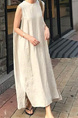 Light Beige South Korea Dongdaemun Solid Color Big Swing Versatile Mesh Cotton and Linen Sleeveless Slit Dress Vest Dress with Pockets and Belt