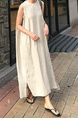Light Beige South Korea Dongdaemun Solid Color Big Swing Versatile Mesh Cotton and Linen Sleeveless Slit Dress Vest Dress with Pockets and Belt