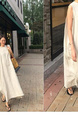 Light Beige South Korea Dongdaemun Solid Color Big Swing Versatile Mesh Cotton and Linen Sleeveless Slit Dress Vest Dress with Pockets and Belt