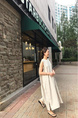 Light Beige South Korea Dongdaemun Solid Color Big Swing Versatile Mesh Cotton and Linen Sleeveless Slit Dress Vest Dress with Pockets and Belt