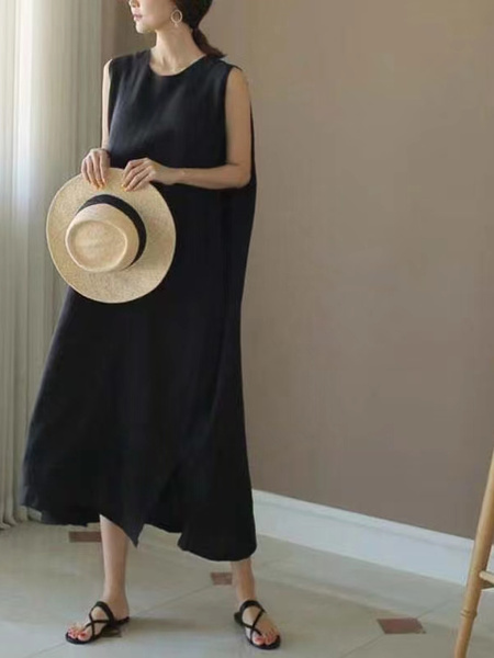 Black South Korea Dongdaemun Solid Color Big Swing Versatile Mesh Cotton and Linen Sleeveless Slit Dress Vest Dress with Pockets and Belt