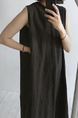Black South Korea Dongdaemun Solid Color Big Swing Versatile Mesh Cotton and Linen Sleeveless Slit Dress Vest Dress with Pockets and Belt