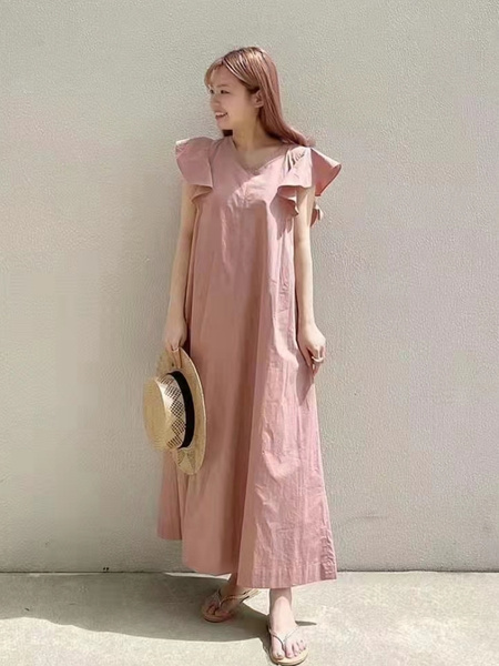 Dusty Pink New Style Sleeveless Long Loose Slim Dress Simple Temperament Solid Color Long Skirt with Pockets on Both Sides