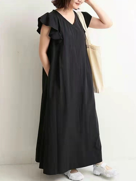 Black New Style Sleeveless Long Loose Slim Dress Simple Temperament Solid Color Long Skirt with Pockets on Both Sides