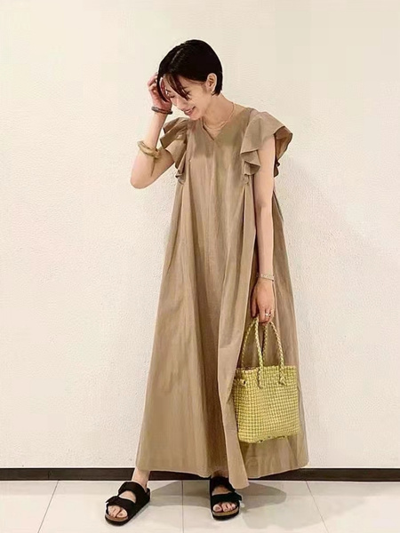 Beige New Style Sleeveless Long Loose Slim Dress Simple Temperament Solid Color Long Skirt with Pockets on Both Sides