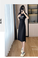 Black Real Shot Lace-Up Dress Pony Letter Waist Slimming Mid-Length T-Shirt Dress Women Summer