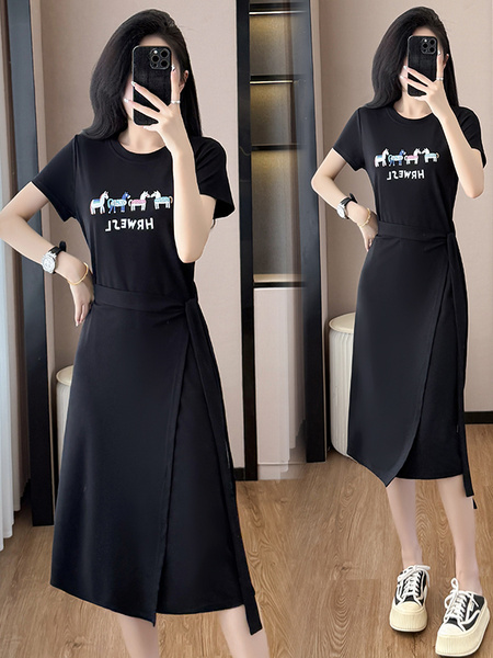 Black Real Shot Lace-Up Dress Pony Letter Waist Slimming Mid-Length T-Shirt Dress Women Summer