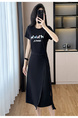 Black Real Shot Lace-Up Dress Pony Letter Waist Slimming Mid-Length T-Shirt Dress Women Summer