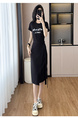 Black Real Shot Lace-Up Dress Pony Letter Waist Slimming Mid-Length T-Shirt Dress Women Summer