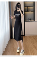 Black Real Shot Lace-Up Dress Pony Letter Waist Slimming Mid-Length T-Shirt Dress Women Summer