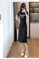 Black Real Shot Lace-Up Dress Pony Letter Waist Slimming Mid-Length T-Shirt Dress Women Summer