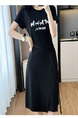 Black Real Shot Lace-Up Dress Pony Letter Waist Slimming Mid-Length T-Shirt Dress Women Summer