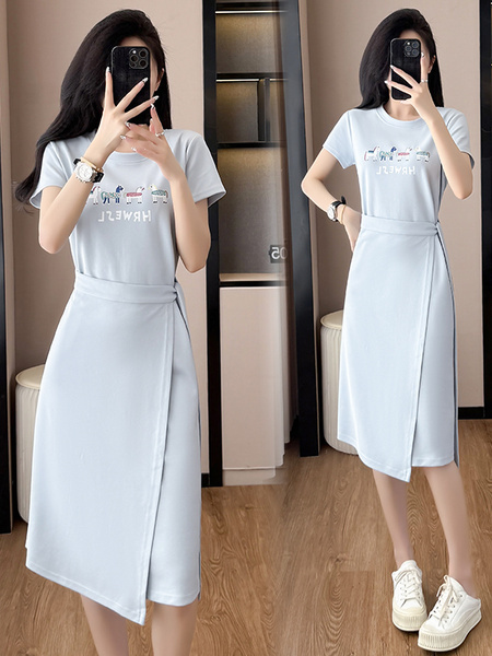 Light Blue Real Shot Lace-Up Dress Pony Letter Waist Slimming Mid-Length T-Shirt Dress Women Summer