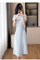 Light Blue Real Shot Lace-Up Dress Pony Letter Waist Slimming Mid-Length T-Shirt Dress Women Summer