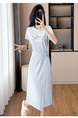 Light Blue Real Shot Lace-Up Dress Pony Letter Waist Slimming Mid-Length T-Shirt Dress Women Summer