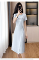 Light Blue Real Shot Lace-Up Dress Pony Letter Waist Slimming Mid-Length T-Shirt Dress Women Summer