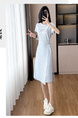 Light Blue Real Shot Lace-Up Dress Pony Letter Waist Slimming Mid-Length T-Shirt Dress Women Summer
