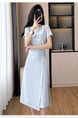 Light Blue Real Shot Lace-Up Dress Pony Letter Waist Slimming Mid-Length T-Shirt Dress Women Summer