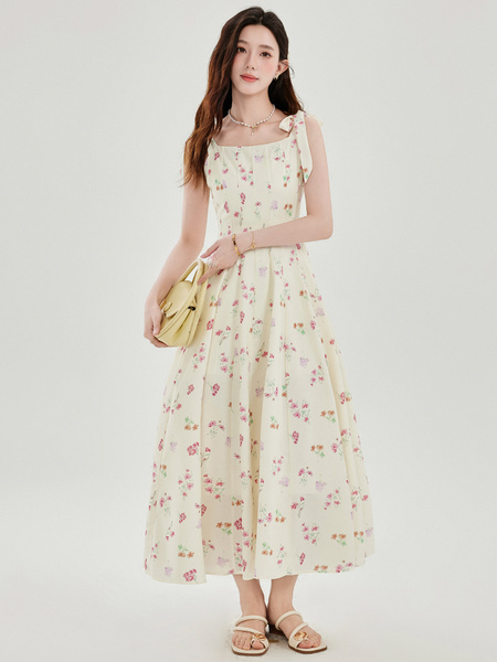 Cream Pink Suspender Dress for Girls in Summer, Fairy-Like, Forest-Style, Sleeveless Long Dress for Beach Vacation, Petite