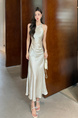 In Stock Real Shot Fashionable Delicate Glossy Advanced Acetate Satin Sleeveless Halter Dress Pleated Craft Maxi Dress in Silver