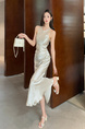 In Stock Real Shot Fashionable Delicate Glossy Advanced Acetate Satin Sleeveless Halter Dress Pleated Craft Maxi Dress in Silver