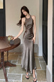 In Stock Real Shot Fashionable Delicate Glossy Advanced Acetate Satin Sleeveless Halter Dress Pleated Craft Maxi Dress in Brown