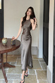 In Stock Real Shot Fashionable Delicate Glossy Advanced Acetate Satin Sleeveless Halter Dress Pleated Craft Maxi Dress in Brown