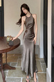 In Stock Real Shot Fashionable Delicate Glossy Advanced Acetate Satin Sleeveless Halter Dress Pleated Craft Maxi Dress in Brown