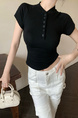 Real Shot Summer Korean-Style Slim-Fit Raglan Button Pleated Design Slimming Short-Sleeved Women's Solid Color Top T-shirt in Black
