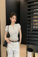 Real Shot Summer Korean-Style Slim-Fit Raglan Button Pleated Design Slimming Short-Sleeved Women's Solid Color Top T-shirt in Light Gray