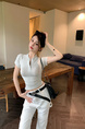 Real Shot Summer Korean-Style Slim-Fit Raglan Button Pleated Design Slimming Short-Sleeved Women's Solid Color Top T-shirt in Light Gray