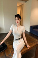 Real Shot Summer Korean-Style Slim-Fit Raglan Button Pleated Design Slimming Short-Sleeved Women's Solid Color Top T-shirt in Light Gray