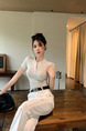 Real Shot Summer Korean-Style Slim-Fit Raglan Button Pleated Design Slimming Short-Sleeved Women's Solid Color Top T-shirt in Light Gray