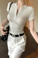 Real Shot Summer Korean-Style Slim-Fit Raglan Button Pleated Design Slimming Short-Sleeved Women's Solid Color Top T-shirt in Light Gray