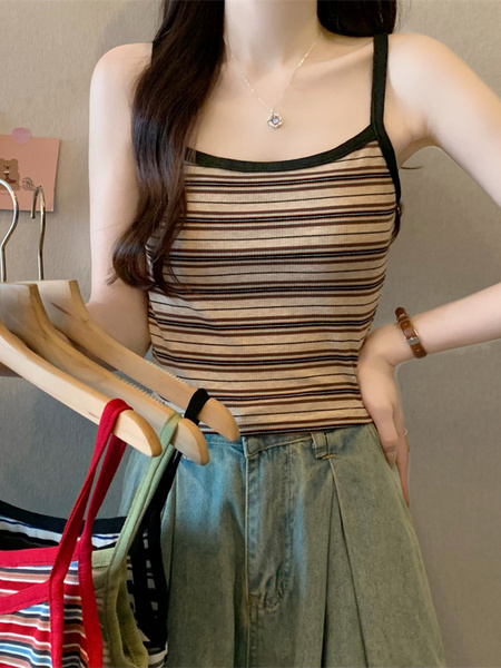Real Shot Wholesale Price 2025 Summer New Sweet and Spicy Casual Contrast Color Striped Camisole Versatile Knitted Top in Beige and Black