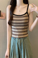 Real Shot Wholesale Price 2025 Summer New Sweet and Spicy Casual Contrast Color Striped Camisole Versatile Knitted Top in Beige and Black