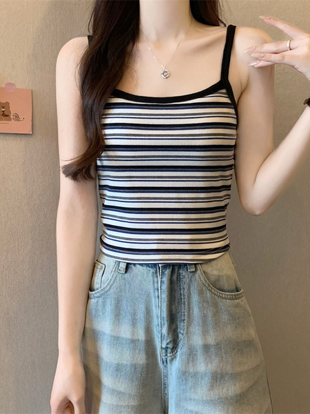 Real Shot Wholesale Price 2025 Summer New Sweet and Spicy Casual Contrast Color Striped Camisole Versatile Knitted Top in Beige and Navy Blue