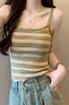 Real Shot Wholesale Price 2025 Summer New Sweet and Spicy Casual Contrast Color Striped Camisole Versatile Knitted Top in Green and Beige