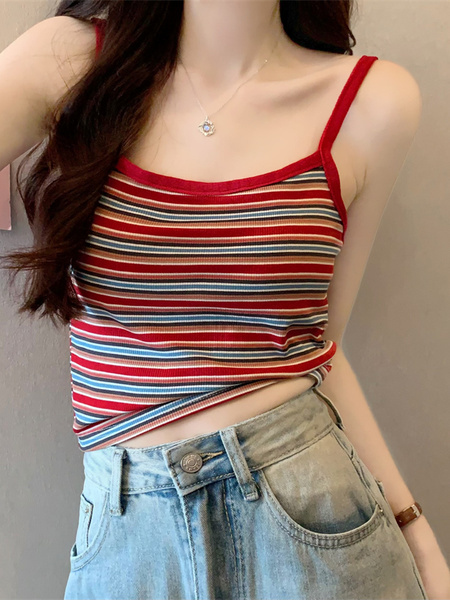 Real Shot Wholesale Price 2025 Summer New Sweet and Spicy Casual Contrast Color Striped Camisole Versatile Knitted Top in Red and Beige