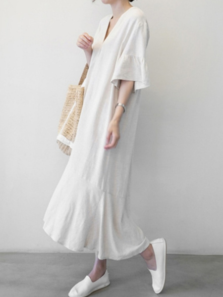 Korean Women's New Loose Large Size Mid-Sleeve V-Neck Cotton and Linen Dress Summer Literary Long Linen Shirt Skirt in Beige