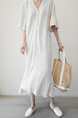 Korean Women's New Loose Large Size Mid-Sleeve V-Neck Cotton and Linen Dress Summer Literary Long Linen Shirt Skirt in Beige