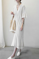 Korean Women's New Loose Large Size Mid-Sleeve V-Neck Cotton and Linen Dress Summer Literary Long Linen Shirt Skirt in Beige