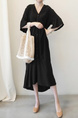 Korean Women's New Loose Large Size Mid-Sleeve V-Neck Cotton and Linen Dress Summer Literary Long Linen Shirt Skirt in Black