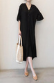 Korean Women's New Loose Large Size Mid-Sleeve V-Neck Cotton and Linen Dress Summer Literary Long Linen Shirt Skirt in Black