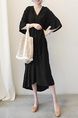 Korean Women's New Loose Large Size Mid-Sleeve V-Neck Cotton and Linen Dress Summer Literary Long Linen Shirt Skirt in Black