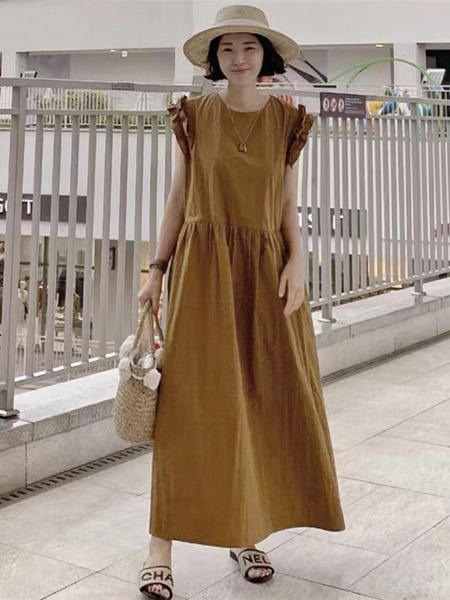 Korean Style Loose and Slim Petal Sleeve Sleeveless Dress Long Casual Knee-Length Temperament Long Dress with Pockets and Belt in Brown